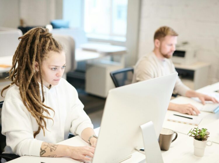 Two colleagues concentrating on work, using computers in a bright modern office.